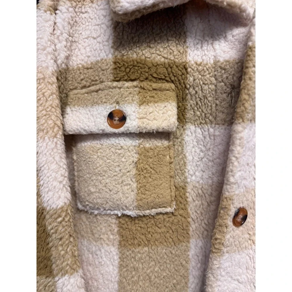 Billabong Cream Olive Plaid Sherpa Fleece Shacket Jacket Button Women's Small - Picture 3 of 9